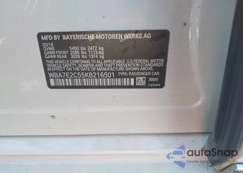 2019 BMW 740I из США, поврежденный, VIN WBA7E2C55KB216501